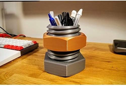 Znet3D Nut and Bolt Pencil/Pen Organizer/Holder - Screw-on Nut Design - Desk Organizer - Cup Holder (Silver-Gold)