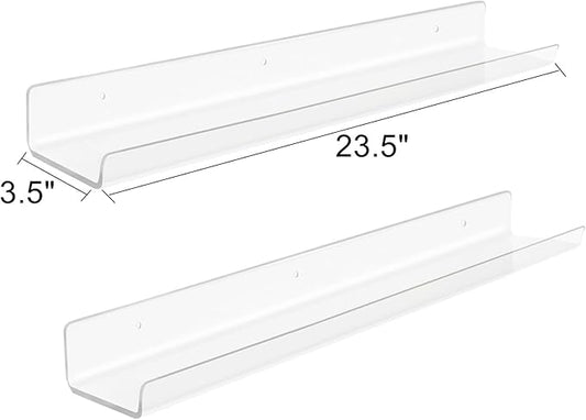 ROYALITA 24 Inches Acrylic Floating Book Shelves Wall Mounted Set of 2, Wall Hanging Plant Display Shelves, Room Decor Floating Wall Shelves for Gaming Room, Bedroom, Living Room, Office, Clear