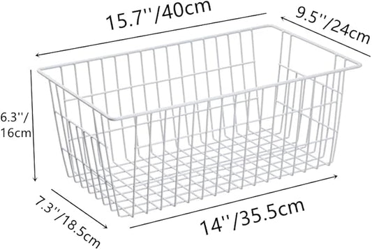 Slideep Farmhouse Metal Wire Basket, Fridge Freezer Storage Organizer Bins with Handles for Kitchen Cabinets, Pantry, Closets, Bedrooms, Bathrooms, White 3 Pack