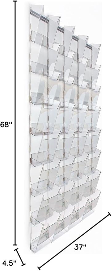 Displays2go Wall Magazine Rack with 32 Tiered Pockets, 4 Columns of 8, Full View - Clear acrylic