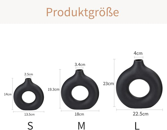 CEMABT Black Donut Vase Hollow Ceramic Vase for Flowers Handmade Minimalist Boho ins Style Modern Home Decor for Wedding Dinner Table Party Living Room Office Bedroom(M
