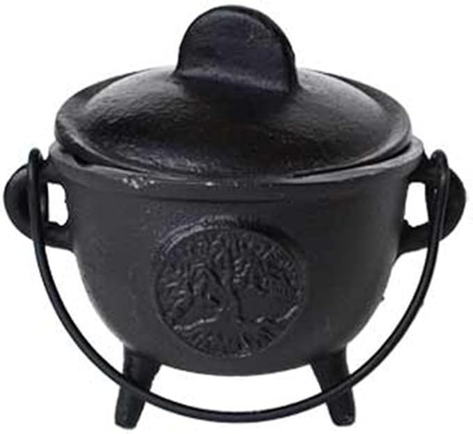 AzureGreen Home Fragrance Incense Holder Cauldrons Tree of Life Cast Iron Three Legged with Handle and Lid 5"