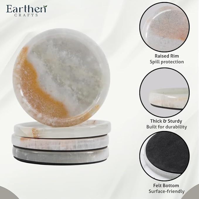 Marble Coasters Set of 4 Drink Coaster 4 Inches White Onyx Round Stone Coaster for Drinks, Mug, Glass, Ideal for Coffee Table Decor