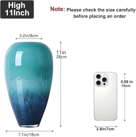 Teal Glass Vase – 11" Hand Blown Glass Vase for Teal Home Decor Accents, Wide Mouth Turquoise Vases Home Decor for Centerpieces, Dining Table, Bookshelf, Bathroom or Living Room Display