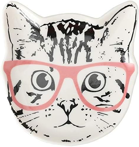 Stephanie Imports Cat with Pink Glasses Ceramic Trinket Plate and Decorative Jewelry Dish