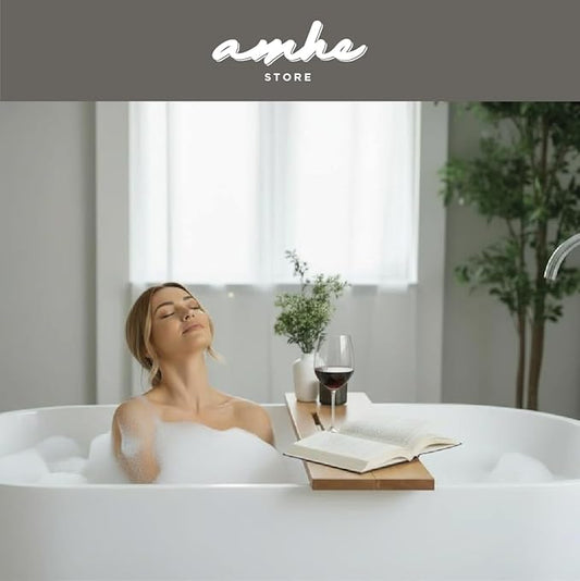 Amhe Store! Luxury Rustic Acacia Wood. Durable, Water-Resistant, Minimalistic, Adjustable 35x9 Inches. Lovely Gift - Box. Bath Tub Tray Wood - Bath Tray for Tub. Unique Natural Grain for Relaxation