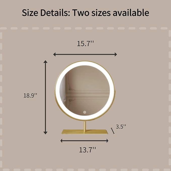 Vanity Mirror Makeup Mirror with Stand,15.8" Round Vanity Mirror, LED Lights, Smart Touch 360°Rotation, Dimmable White (Golden)