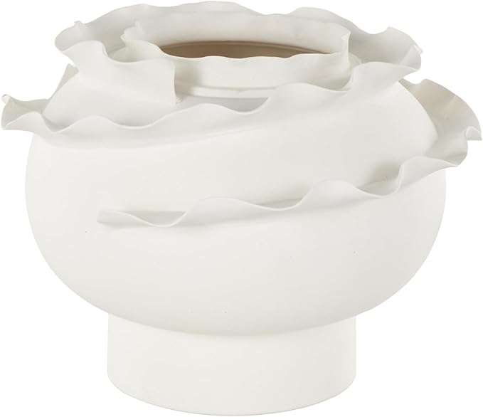 Deco 79 Ceramic Abstract Wide Rounded Floral Inspired Vase with Layered Petals, 12" x 12" x 9", White