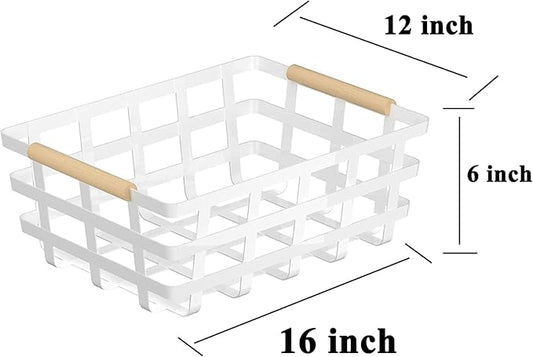 4 Pack Large Metal Storage Baskets, Farmhouse Baskets, Pantry Organizer Baskets with Wood Handle, Metal Baskets Bins for Kitchen Pantry Shelf Cabinets, White