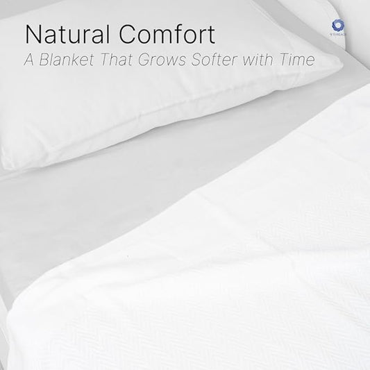 100% Cotton Herringbone Weave Blankets, 90"X90" Queen, Throw Blanket for Bed, All Season Cotton Blanket, Cozy Blanket,Throws & Bed Blanket, Throw Blanket for Couch, Modern Home Decor - White