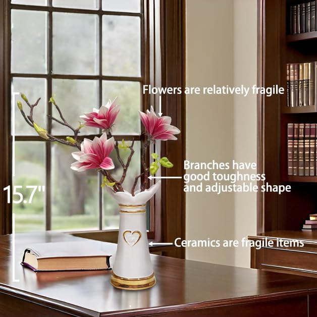 LoveLin Artificial Pink Magnolia Flowers with White Ceramic Vase | Ready-to-Display Home Decor Gift