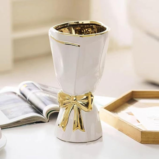 White and Gold Vase, Bow Vase for Home Decor, White Flower Vases for Boho Style, 9.65 Inch Large Vases for Ideal Table Decor, Ceramic Bouquet. (Glazed Exterior and Interior) (White, Large)