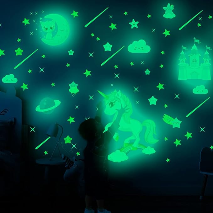 Glow in The Dark Unicorn Stickers, 206 pcs Cats and Moon Wall Decals, Glowing Castle Clouds Ceiling Decor for Kids Bedroom, Stars and Rainbow Wall Decor for Girls and Boys Gift
