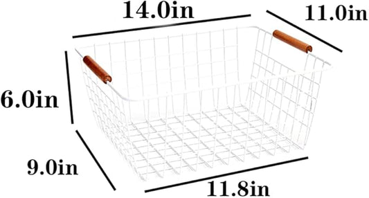 LeleCAT Large white wire baskets with Wooden Handles for storage pantry, Storage Organizer Baskets, Household Refrigerator for Cabinets, Closets, Bedrooms, kitchen - Set of 2(White)