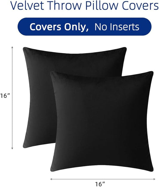 QUORGVES Black Velvet Pillow Covers 16x16 Inch Set of 2, Soft Solid Decorative Square Throw Pillow Covers, Decor Cushion Covers for Bed Sofa Couch Bedroom Living Room