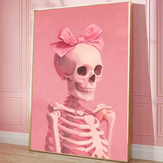 Pink Skeleton Wall Art Vintage Skull Poster Pink Bow Pictures Cute Bow Pictures Quirky Trendy Wall Art Skeleton Funny Halloween Poster Aesthetic Living Room Decor 16x24inch No Frame