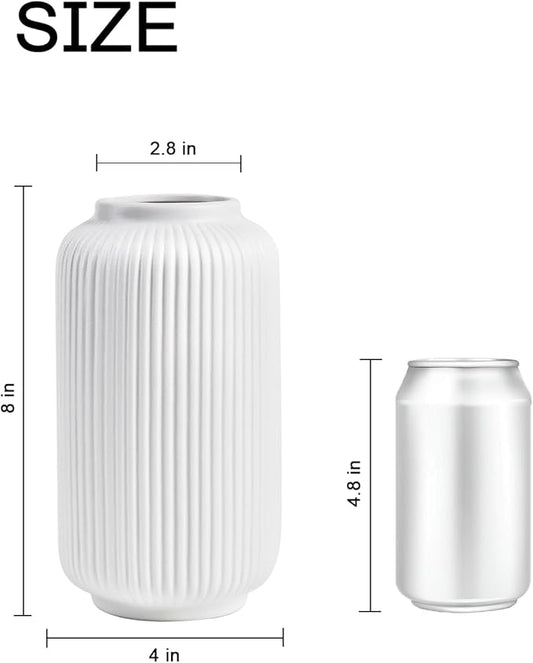 Matte White Ceramic Flower Vase, 8 Inch Ribbed Vase for Pampas Grass, Fresh or Dried Flowers, Decorative Centerpiece for Living Room, Kitchen, Bookshelf, Office Decor