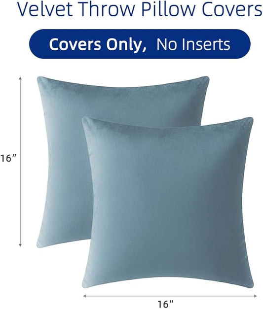 QUORGVES Light Blue Velvet Pillow Covers 16x16 Inch Set of 2, Soft Solid Decorative Square Throw Pillow Covers, Decor Cushion Covers for Bed Sofa Couch Bedroom Living Room - Coastal Sky Baby Blue