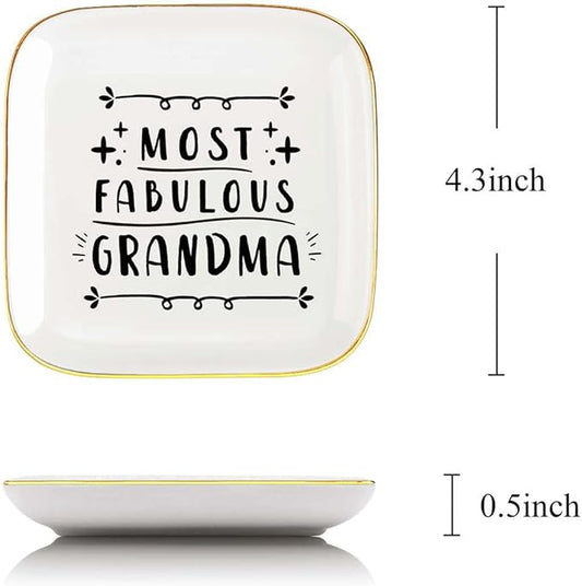 Littlefa Fabulous Grandma Quote Ceramic Ring Dish Decorative Plate Jewelry Trinket Tray - Unique Meaningful Gift for Grandma, Mother's Day, Birthday, Christmas