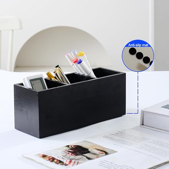 Wood Pens Pencils Holder Cup for Desk Remote Control Holder, Caddy, Organizer, Desktop Storage with 3 Compartments, Makeup Brush Holder, Silverware Caddy for Party, Office Supplies (Black)