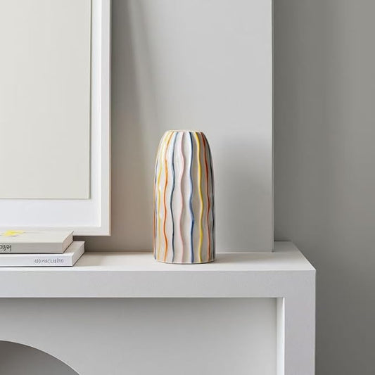 Handmade Beige Ceramic Vase with Colorful Stripes,Modern Boho Home Decor Centerpiece, Unique Holiday&Housewarming Present for Women (Style B)