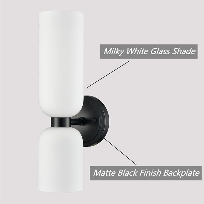 Black Wall Sconces Set of Two 2-Light Modern Wall Light Bathroom Vanity Light,Milky White Glass
