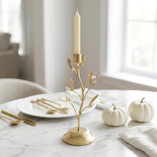 Candle Stick Holder Table Decor - Elegant Golden Metal Mistletoe Candle Holder Decorative for Coffee Gold for Living Room Symbol of Love and Life Flower Gifts 4.6 x 4.6 x 10 Inch Guichifun