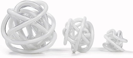 Luxury Lane Hand Blown Infinity Knot Sommerso Decorative Glass Ball for Bowls Home Decor 4 inch Tall Orbit Centerpiece Table Decoration Sculpture White