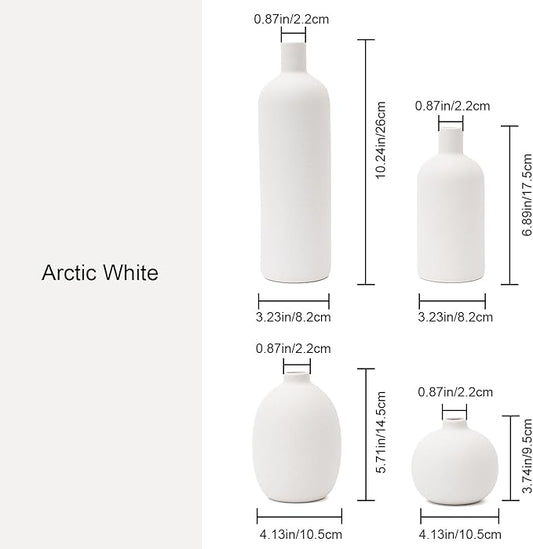 Ceramic Vase Set of 4, Modern Minimalist Colors Home Decor, White Decorative Flowers Vases for Bouquet, Pampas | Table Mantel Centerpiece Bookshelf Living Room Bedroom (White Set of 4)
