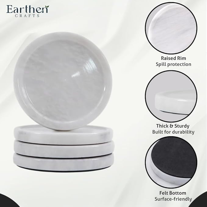 Marble Coasters Set of 4 for Drinks Countertop 4 Inches Round White Stone Drink Coaster for Kitchen Counter, Ideal for Home Decor House Warming