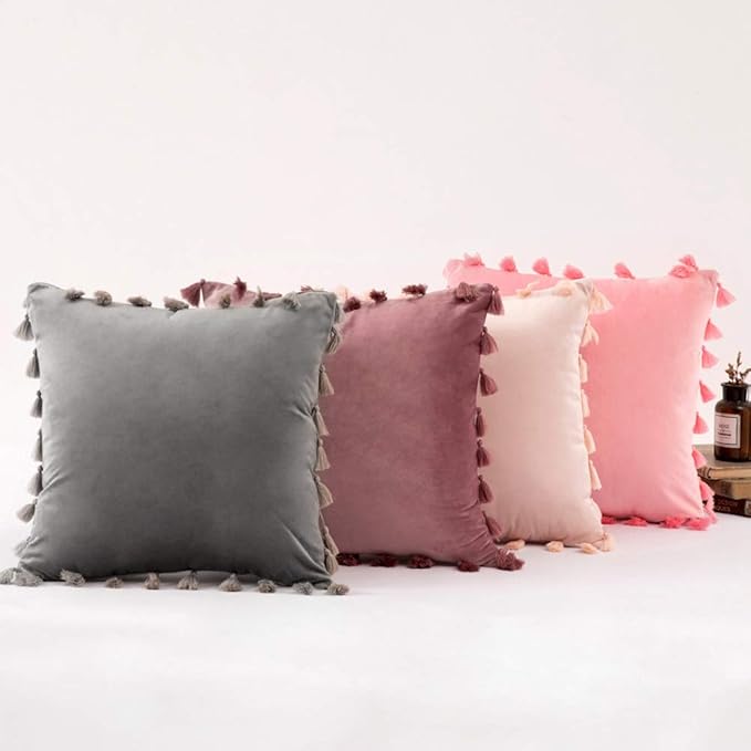 vctops Velvet Soft Solid Decorative Throw Pillow Cover with Tassels Boho Accent Cushion Case for Couch Bedroom Car Baby Pink 18''x18''