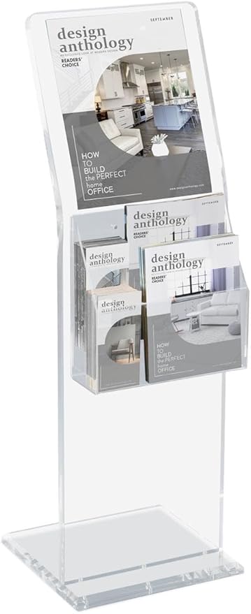 Displays2go Floor Sign Holder Stand for 11 x 14 Graphics with 2-Tier Literature Rack, Adjustable Pockets for Magazines and Brochures, Satin Silver Screw Caps Hold Posters in Place - Clear Acrylic