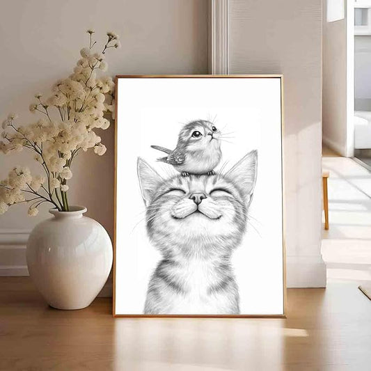 Sketch Bird Wall Art Cute Cat Poster Black And White Sketch Wall Art Black And White Cat Minimalist Animal Print Pets Painting Farmhouse Bird Pictures Animal Poster Living Room Decor 16x24in No Frame