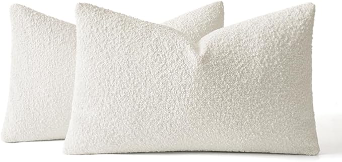 MIULEE 12x20 Inch Decorative Lumbar Throw Pillows for Bed Set of 2 Textured Boucle Neutral Winter Throw Pillow Covers White Accent Solid Pillowcases Sofa Livingroom Home Decor