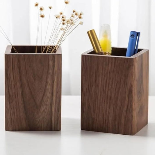 Wooden Pen Holder for Desk, Multi-Functional Pen Cup Pencil Holder for Office School Supplies Storage, Black Walnut Desk Organizer and Accessories(Square)