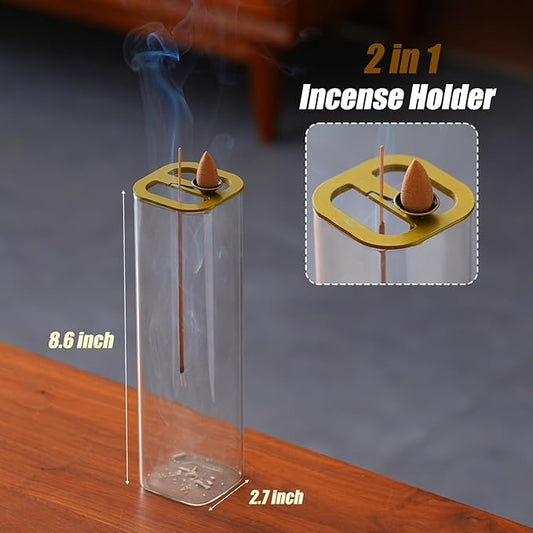 Ceremony Incense Holder, 2 in 1 Incense Burner for Sticks, Ash-Proof Glass Incense Burner for Meditation Yoga Spa Room Decor (2 in 1 Square) Ceremony Incense Holder, 2 in 1