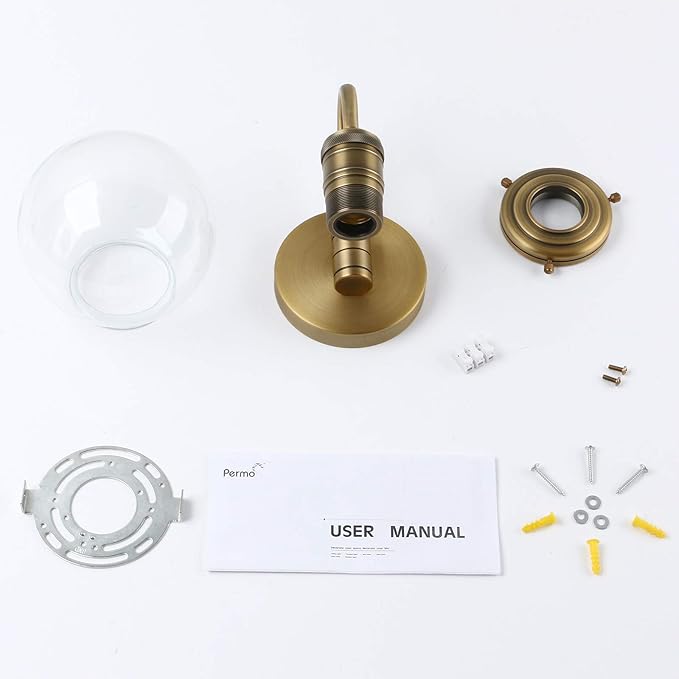 Yosoan 1-Light Brass Modern Vintage Indoor Wall Sconce, Vanity Single Luxury Hardwired Retro Textured Clear Round Globe Glass Shade with Industrial Curved Rod Bathroom Lamp(Antique)