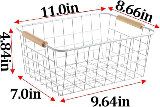 LeleCAT White Wire Baskets for Organizing with Handles,Pantry Organizers and Storage For Kitchen, Household Snack Basket for Cabinets, Closets, Bedrooms,food - Set of 4(White)