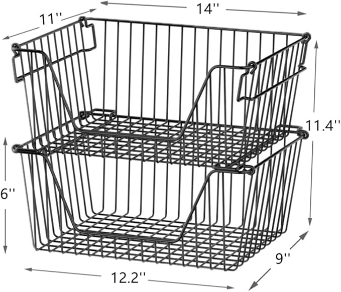 Slideep Wire Storage Baskets for Organizing, 4 Pack 14'' Stacking Metal Wire Freezer Organizer Bins with Handles, Large Pantry Baskets for Kitchen Cabinets, Bathroom, Laundry, Garage, Black
