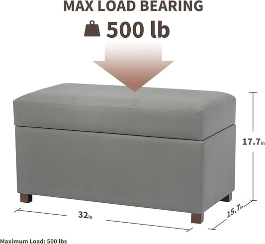 Joveco 32" Leather Storage Ottoman Bench, Rectangle Foot Rest Stool for Living Room, Bedroom, Entryway, Grey