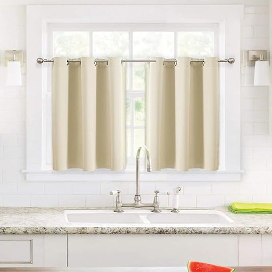 ChrisDowa Small Window Curtains for Kitchen and Bedroom - Grommet Short Thermal Insulated Room Darkening Curtains (2 Panels, Beige, 36 x 24 Inch)