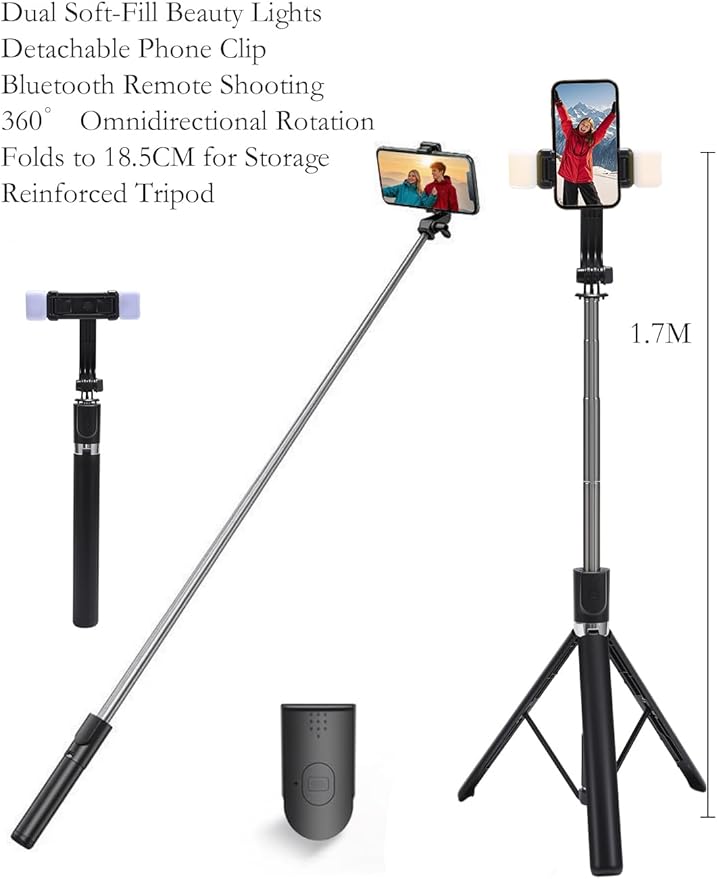 Selfie Stick,Phone Tripod Stand for Video Recording,Cell Phone Stand Content Creator Phone Holder with Remote for Travel (Dual lamp Selfie Stick with Remote, 67 inch)