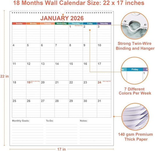Large Calendar 2026 with Spiral Bound - 18 Month Big Calendar from January 2026 to June 2027, Vertical Large Monthly Calendario 2026-2027 for Wall, 22" x 17", Colorful