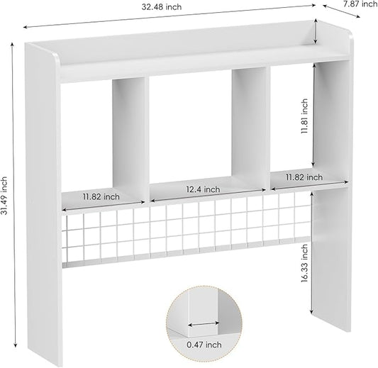Desktop Bookshelf,Countertop Storage Hutch with 3 Shelves for Computer Desk,2-Tier Display Rack with Grid Panel, Multipurpose Wood Desk Hutch Storage Organizer for Home Office Dorm (White)