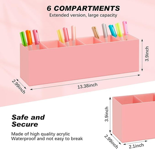 Jetec Acrylic Pen Holder 6 Compartments Makeup Brush Stationery Organizer Pencil Holder for Desk Accessories, Cosmetic Brushes, Dorm, Home, Bathroom, Kitchen, Office Supplies(Pink)