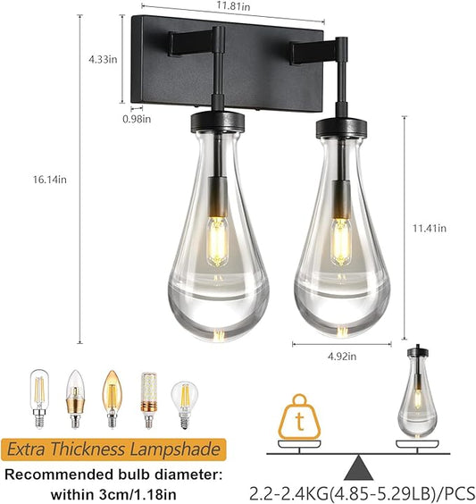 Raindrop Wall Sconces Black Crystal Sconces Wall Decor Modern Brass Lighting Glass Bathroom Sconces Indoor Vanity Light Wall Lamp for Bedroom Living Room Stair(2-Light)