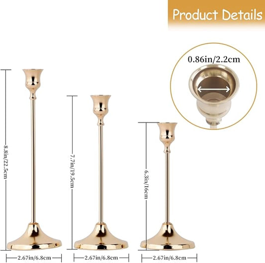 French Gold Candlestick Holders Set of 3, Metal Taper Candle Holders, Classic Decorative Candle Stick for Christmas, Wedding, Party, Dinner Tables,Home Décor