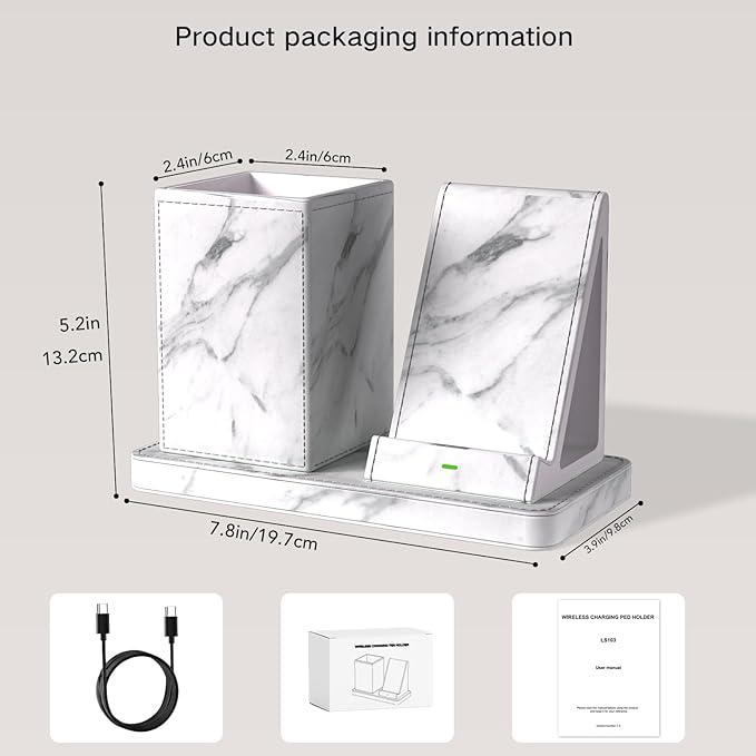 Multi-Functional Pencil Holder for Desk,marble Vegan Leather Organizers with Remote Control Holder,Pencil Holder Desk Organizer with Phone Wireless Charger for Office/Nightstand/Endtable