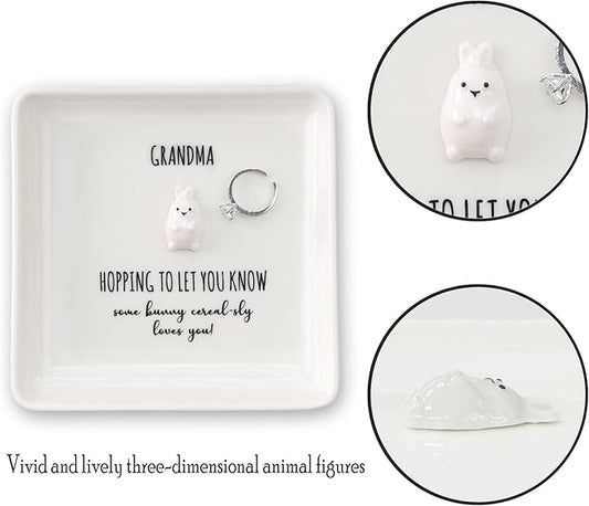 HOME SMILE for Grandma Grandmother,Bunny Ring Dish Jewelry Tray-Mothers Day Thanksgiving Day Birthday Gifts for Mimi Nana Gigi