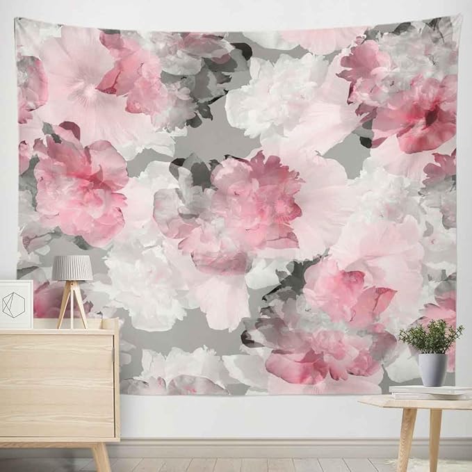 BULOR Peony Flower Pink Grey Tapestry Wall Hangings, Watercolor Floral Peonies Poster Tapestry For Kids Student Bedroom Living Room Dorm Man Cave Background 80x60inch